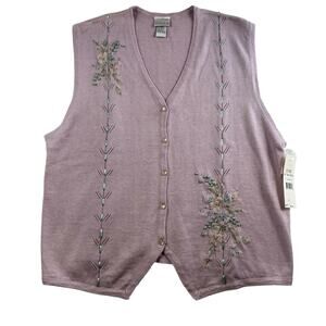 VTG Koret Sz L Knit Sweater Vest Embroidered Floral‎ Cottagecore Granny 90s